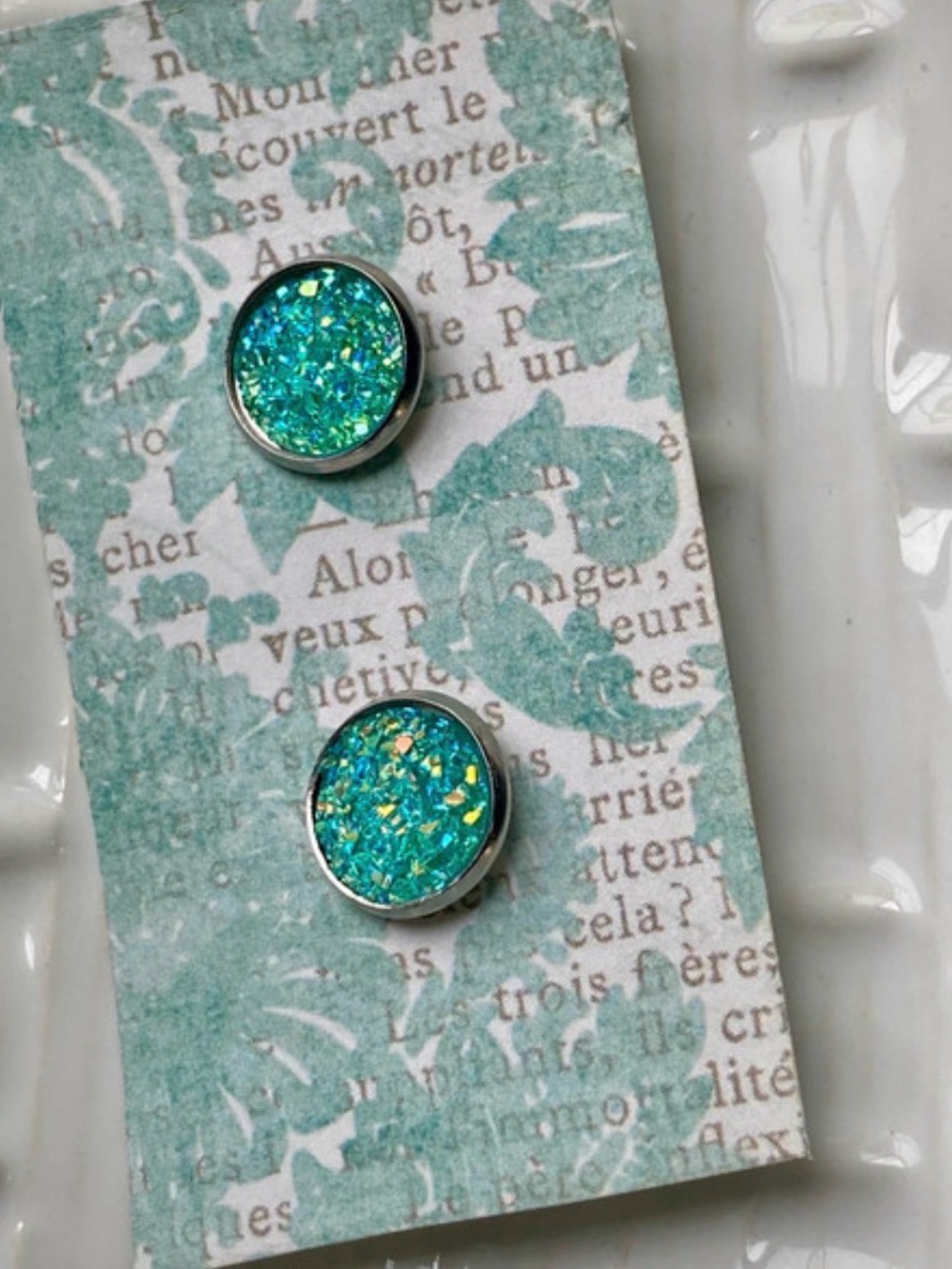 Sparkling Teal Druzy stud Earrings